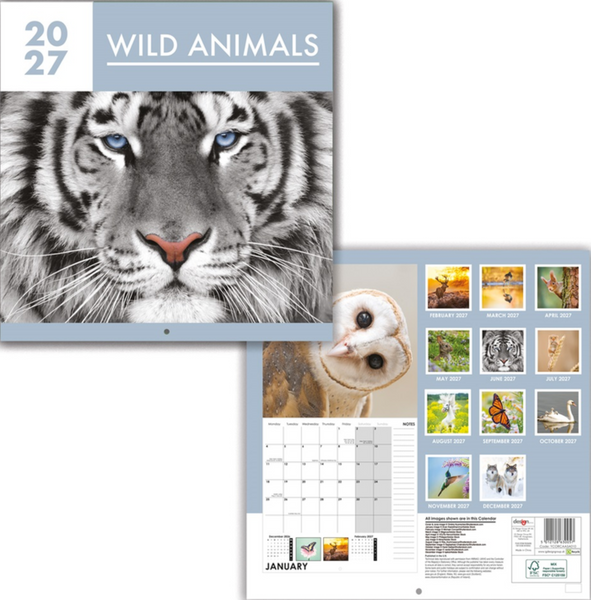 A 2027 wall calendar titled 'WILD ANIMALS' shown from two angles: the front cover features a large close-up of a tiger's face, and the back cover displays multiple animal photos, a January calendar grid, and small inset images.