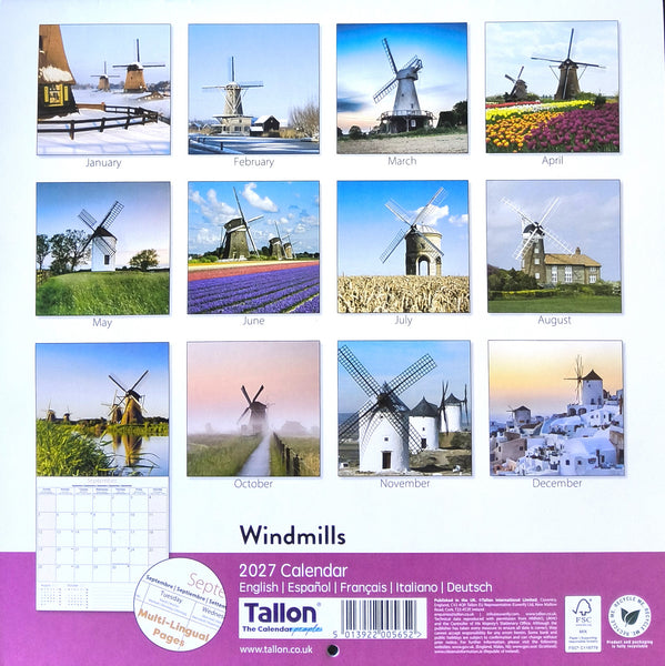 A 2027 wall calendar titled 'Windmills' showing a 12-month grid of landscape photos of windmills, with a purple footer containing product details and the Talon brand name.