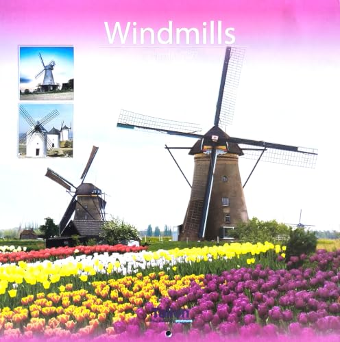 2027 Windmills Square Wall Calendar featuring traditional Dutch windmills in a field of colorful tulips, with a pink gradient border and two small inset photos of windmills in the upper left. The word 'Windmills' appears at the top.