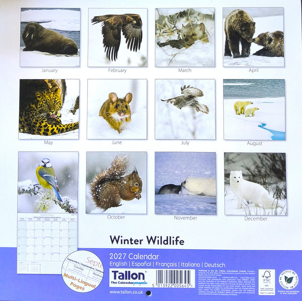 Front cover of a 2027 wall calendar titled 'Winter Wildlife' by Tallon, featuring a grid of twelve wildlife photographs in snowy winter scenes with one blue-and-yellow bird photo and one polar bear photo. The bottom includes a calendar grid preview, barcode, and publisher text on a white and blue background.