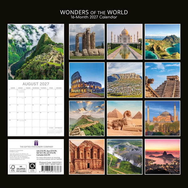 Wonders of the World 2026-2027 Calendar back page featuring images for each month,