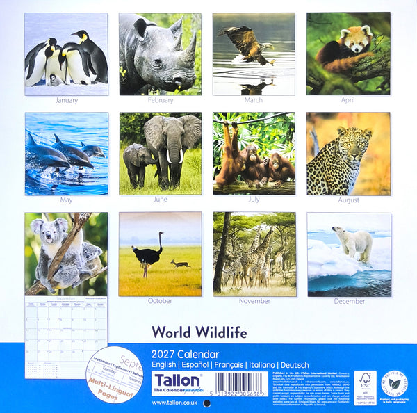 Back cover of a 2027 world wildlife calendar by Tallon, featuring a 3x4 grid of twelve animal photographs with their respective months labeled below. The bottom includes a small sample page, a barcode, and blue branding text and logos.