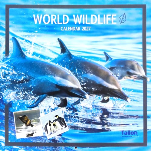 A 2027 World Wildlife calendar cover featuring a blue ocean scene with three dolphins jumping out of the water, plus small inset photos of a bird and penguins. The title 'WORLD WILDLIFE CALENDAR 2027' appears at the top, and the brand name Tallon appears in the lower right.