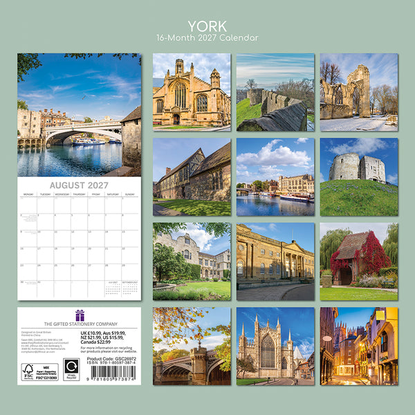 York calendar with scenic images of historical buildings and landmarks on a light green background.
