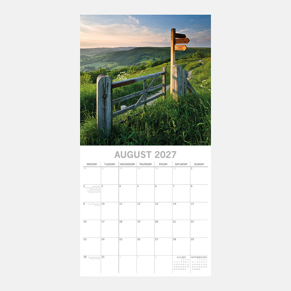 Yorkshire Calendar for August 2027 with a scenic landscape of a wooden fence and signpost.