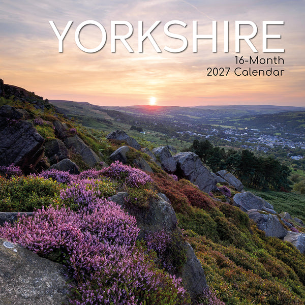 2027 Yorkshire calendar with a scenic view of a sunset over a landscape.