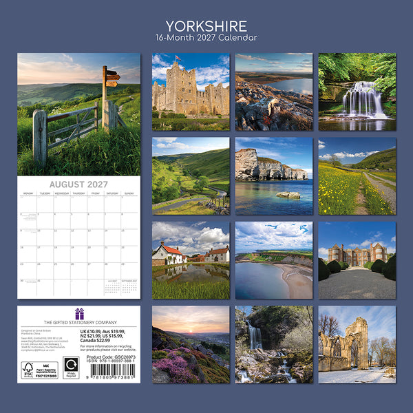Yorkshire calendar back page with scenic images of landscapes and buildings on a blue background