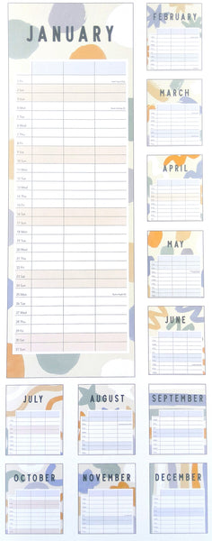 A monthly planner page set featuring a large January page with a detailed weekly and daily schedule, plus smaller pages for the remaining months (February through December) arranged around it on a white background with soft pastel abstract shapes.