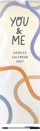 A spiral-bound couples calendar cover reading 'YOU & ME COUPLES CALENDAR 2027' with abstract wavy lines in blue, orange, and gray on a light background.