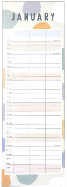 A January planner page with a pastel abstract background and a grid layout for daily planning, featuring columns for date, task, notes, and highlights.