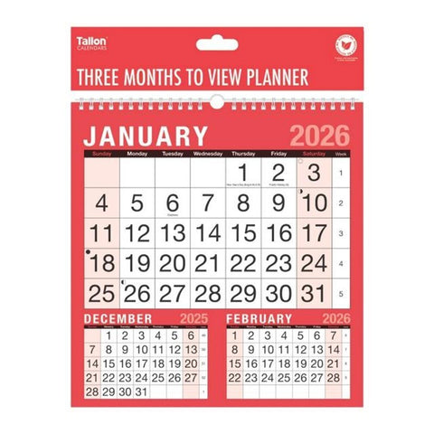 2026 Three Month to View Wall Planner Organiser Calendar Commercial Office Home