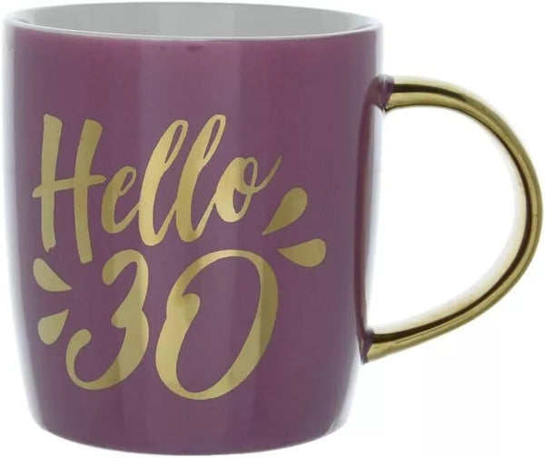 Celebrate a special milestone with the Hello 30 Mug, an ideal 30th birthday gift for a mum or dad, daughter, son. Crafted from high-quality ceramic, this modern tapered purple mug features a charming pictorial design, making it a delightful addition to any coffee or tea lover's collection. The mug comes complete with a sleek presentation box, ensuring it arrives as a beautiful surprise. Measuring at a comfortable height of 9.5 cm and width of 8.7 cm, it's perfectly sized for a personal indulgence or a thoug
