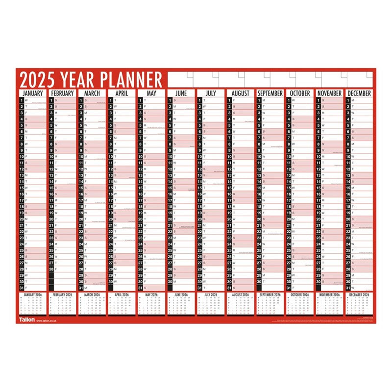 Large A1 Wall Planner - Folded

* Size: A1 84cm x 60cm
* Made by Tallon
* This is produced and folded by the manufacturer.
* We sell a similar item that is rolled up and posted in a tube if you prefer it this way


Keep your home or office organised with this 2025 A1 Wall Planner Laminated Home Office Commercial Organiser.

The organiser is laminated for durability and comes in a stylish red and white colour combination.

This wall planner is perfect for keeping track of important dates, meetings, and tasks