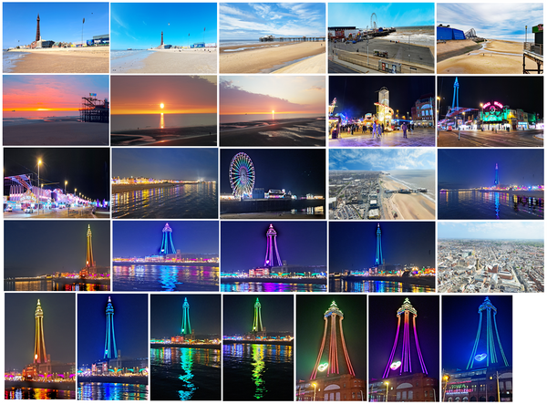 A collage of various large fridge magnets featuring the Blackpool area, including the Blackpool Tower and other local attractions, at different times of day and with different lighting conditions.