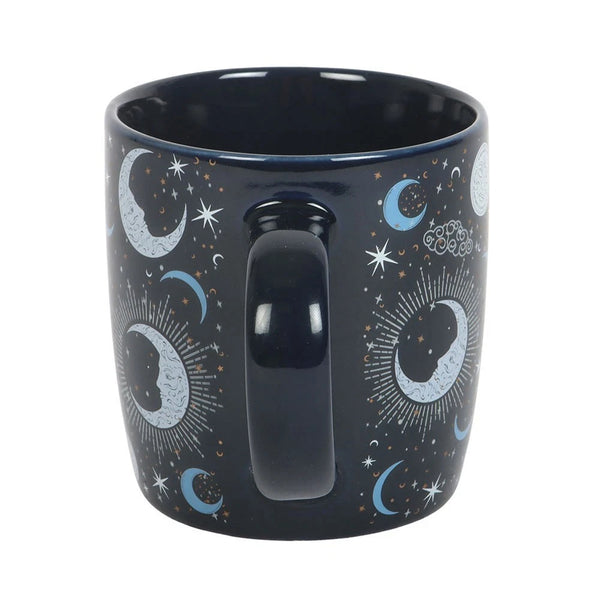 Blue Moon Mug

* Black Mug.
* Presentation Box
* Size: 9.3cm x 8.9cm (Not including handle)
* Made by Something Different under the Jones Home &amp; Gift brand


Start your day with a sip of serenity from this rounded mug featuring a magical blue moon print. Great for hot drinks on dreamy mornings or quiet evenings under the moonlight. 500ml capacity. Microwave safe. Dishwasher safe.

It is perfect for tea, coffee, or other liquids.

The mug includes a presentation box, making it a great gift for various oc