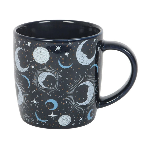 Blue Moon Mug

* Black Mug.
* Presentation Box
* Size: 9.3cm x 8.9cm (Not including handle)
* Made by Something Different under the Jones Home &amp; Gift brand


Start your day with a sip of serenity from this rounded mug featuring a magical blue moon print. Great for hot drinks on dreamy mornings or quiet evenings under the moonlight. 500ml capacity. Microwave safe. Dishwasher safe.

It is perfect for tea, coffee, or other liquids.

The mug includes a presentation box, making it a great gift for various oc
