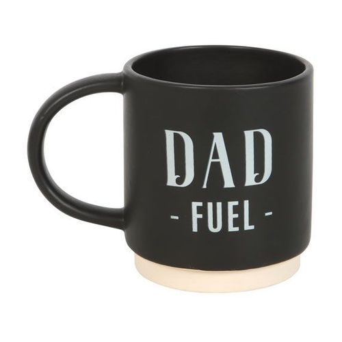 Black mug with 'DAD FUEL' text on a white background