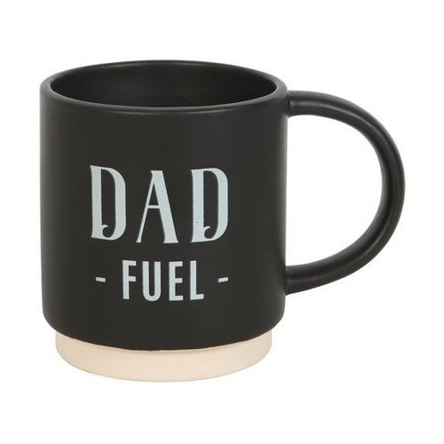 Black mug with 'DAD FUEL' text on a white background