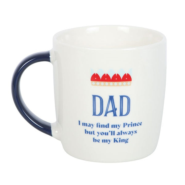Mug with decorative text and crown design on a white background
