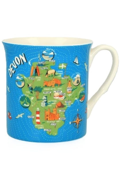 M Green map of Devon on a blue sea background mug with white handle.