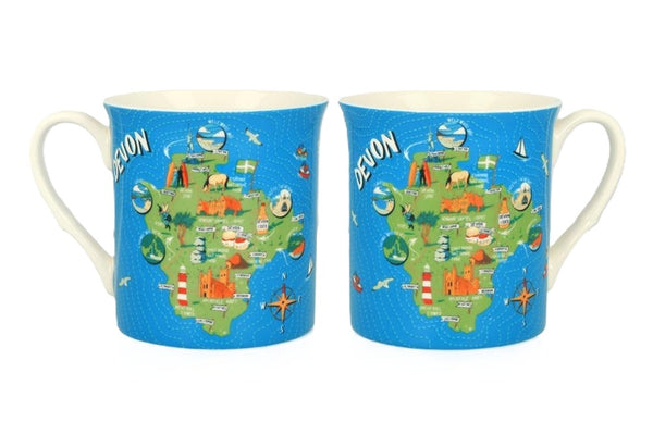 Both sides of the same Devon mug featuring colourful illustrated landmarks and a green landmass on a bright blue background.