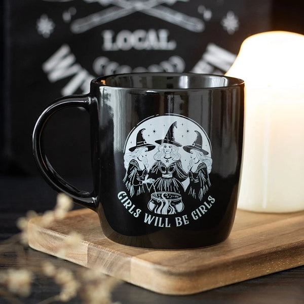 Girls Will Be Girls Mug

* Black Mug featuring 3 Witches
* Presentation Box
* Size: 9.2cm x 8.8cm (Not including handle)
* Made by Something Different under the Jones Home &amp; Gift brand


Start your day with a sip of serenity from this rounded mug featuring 3 Witches around a cauldron. Great for hot drinks on dreamy mornings or quiet evenings under the moonlight. 500ml capacity. Microwave safe. Dishwasher safe.

It is perfect for tea, coffee, or other liquids.

The mug includes a presentation box, making
