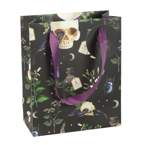 Glossy gift bag with skull and potion design on a black background