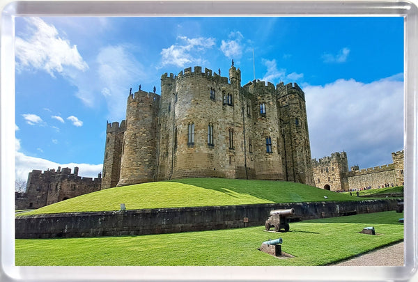 Jumbo Alnwick Castle Tower Grounds Fridge Magnet Sunny Day Blue Sky Clouds Cannon