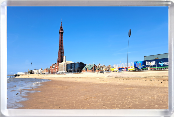 Jumbo Blackpool Fridge Magnet Showing Blackpool Tower, Beach and sea on a sunny day with blue sky.