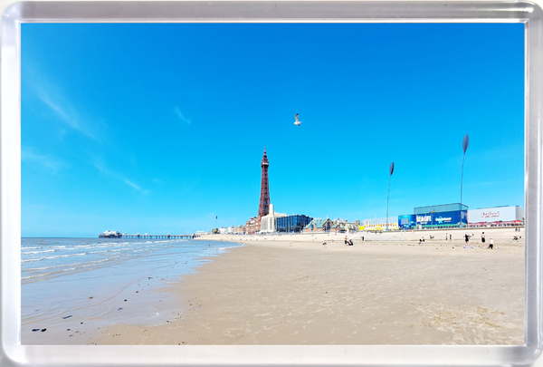 Jumbo Blackpool Fridge Magnet showing Blackpool Beach and Pier on a sunny day with blue sky.