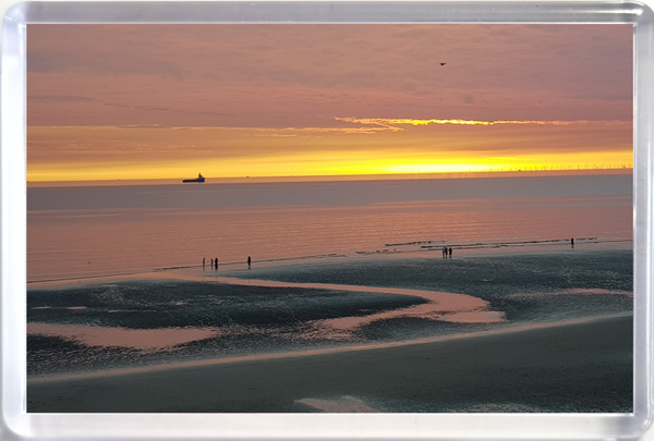 Jumbo Blackpool Fridge Magnet showing a sunset on the beach and sea with a ship on the horizon