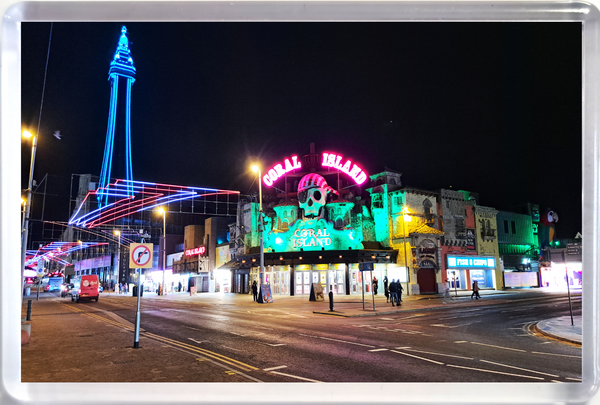 Jumbo Blackpool fridge magnet showing Coral Island at night with Blackpool Illuminations and blue lights on Blackpool Tower.