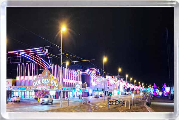 Jumbo Blackpool fridge magnet showing The Golden Mile arcade lit up at night with the illuminations.