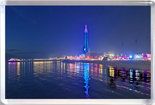 Jumbo Blackpool fridge magnet showing a blue Blackpool Tower and the Illuminations reflecting in the sea.