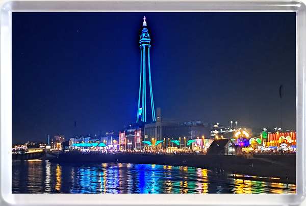 Jumbo Blackpool fridge magnet showing a blue  Blackpool Tower and the Illuminations reflecting in the sea.