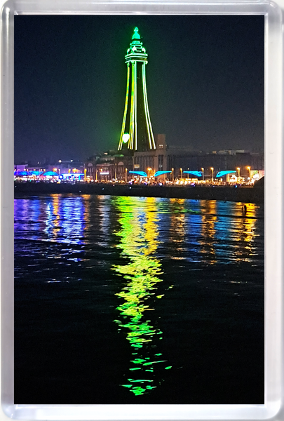 Jumbo Blackpool fridge magnet showing a bright green Blackpool Tower and love heart and the Illuminations reflecting in the sea.