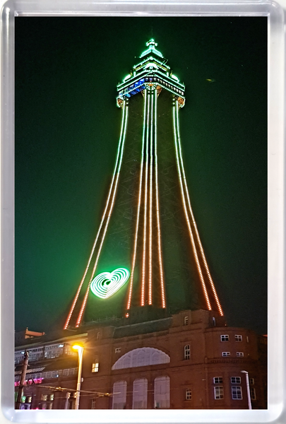 Jumbo Blackpool fridge magnet showing a pink and green Blackpool Tower at night.