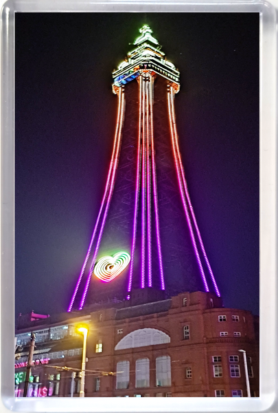 Jumbo Blackpool fridge magnet showing a pink and purple  Blackpool Tower at night.