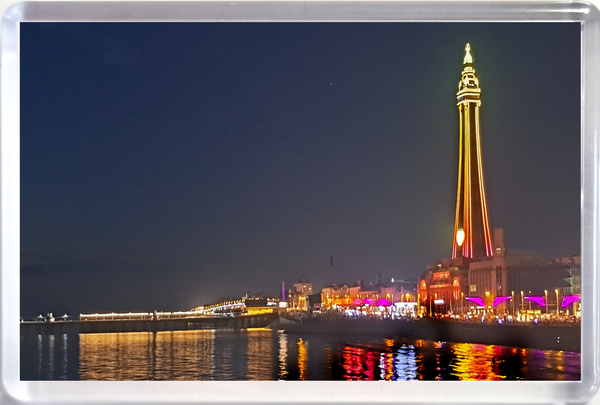 Jumbo Blackpool fridge magnet showing a yellow and orange Blackpool Tower and the Illuminations reflecting in the sea.
