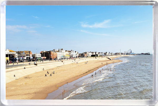 Jumbo Blackpool fridge magnet showing the beach, sea and promenade.