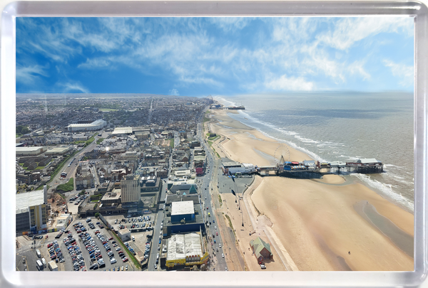 Jumbo Blackpool fridge magnet showing the promenade, beach piers, sea and town taken from Blackpool Tower.