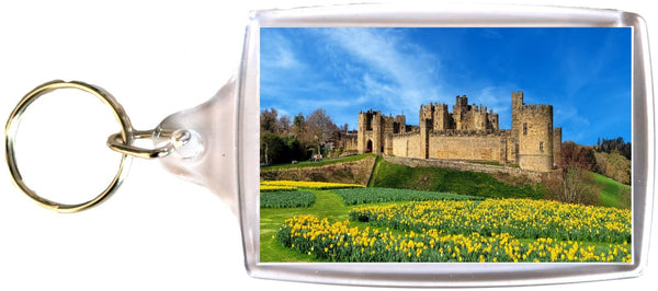 Large Alnwick Castle Keyring in Spring with Daffodils with Blue Sky