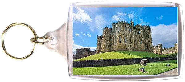 Large Alnwick Castle Tower Grounds Keyring Sunny Day Blue Sky Cannon