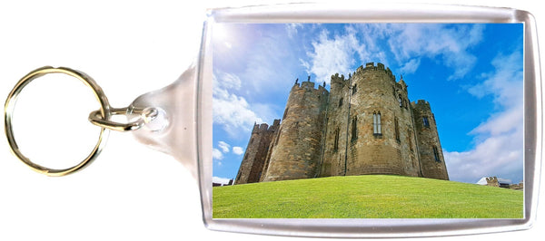 Large Alnwick Castle Tower Grounds Keyring Sunny Day Blue Sky Clouds
