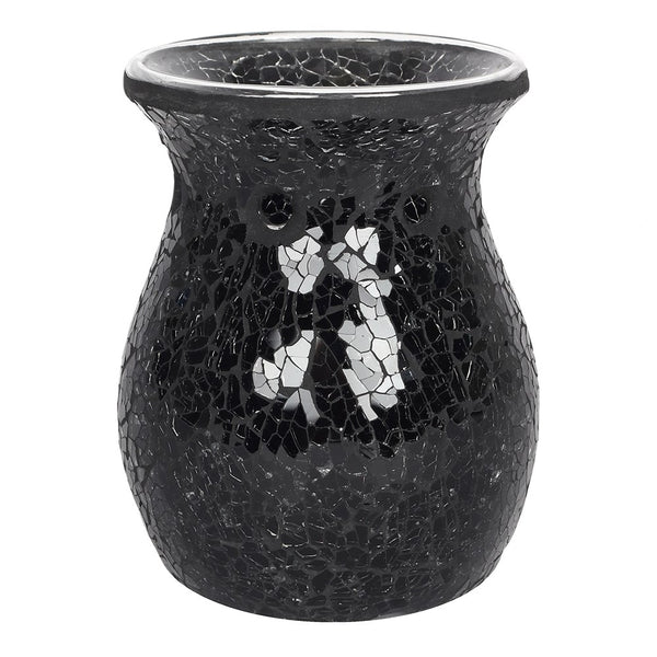 Black mosaic oil burner with a white design on a white background