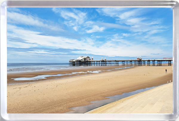 Large Blackpool Fridge Magnet showing Blackpool Beach and Pier on a sunny day with blue sky.