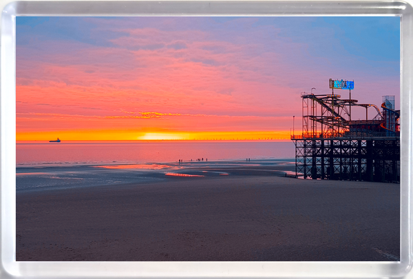 Large Blackpool Fridge Magnet showing a sunset on the beach and sea with pier.