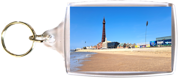 Large Blackpool Keyring Showing Blackpool Beach and Tower on a Sunny Day with Blue Sky