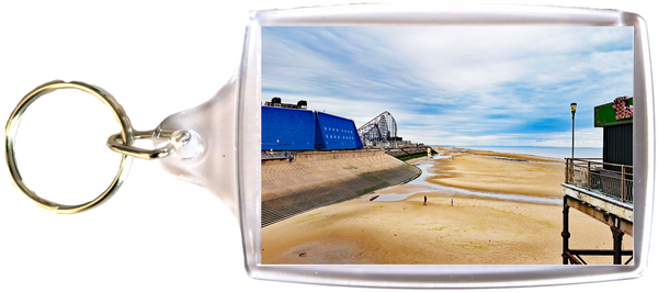 Large Blackpool Keyring Showing Blackpool South Shore Beach, Sandcastle and The Big One at Blackpool Pleasure Beach.