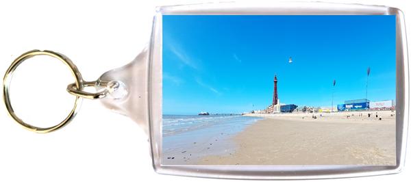 Large Blackpool Keyring Showing Blackpool Tower, Beach and sea on a sunny day with blue sky.